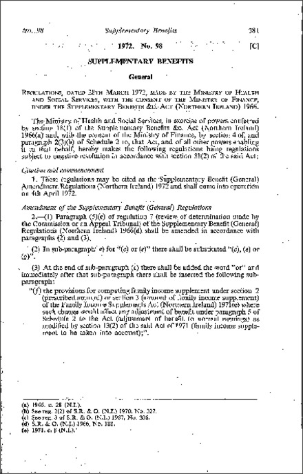 The Supplementary Benefit (General) Amendment (Northern Ireland) 1972
