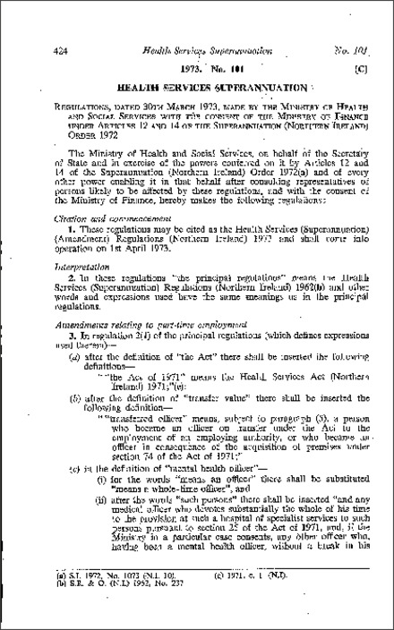The Health Services (Superannuation) (Amendment) Regulations (Northern Ireland) 1973