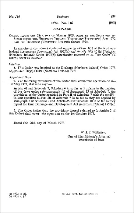 The Drainage Order 1973 (Appointed Days) Order (Northern Ireland) 1973