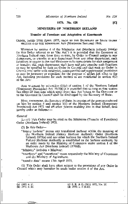 The Ministries (Transfer of Functions) Order (Northern Ireland) 1973