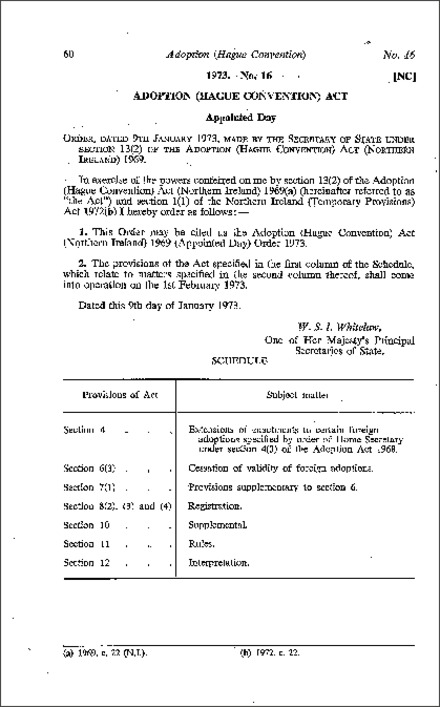 The Adoption (Hague Convention) Act 1969 (Appointed Day) Order (Northern Ireland) 1973