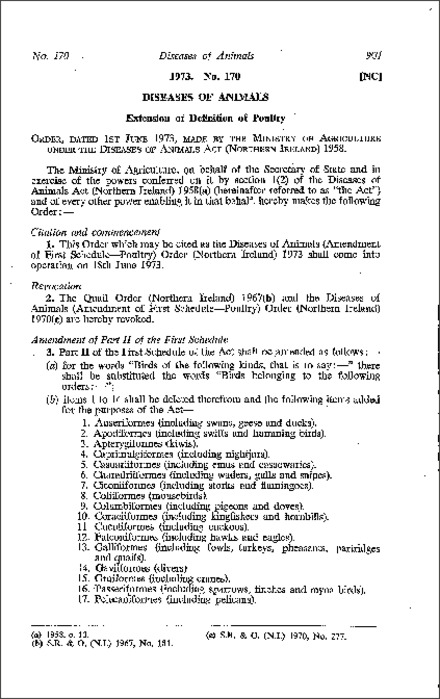 The Diseases of Animals (Amendment of First Schedule - Poultry) Order (Northern Ireland) 1973