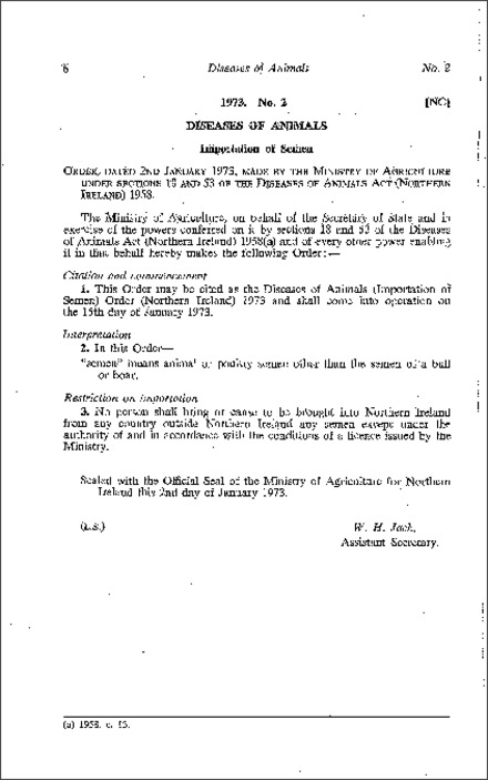 The Diseases of Animals (Importation of Semen) Order (Northern Ireland) 1973