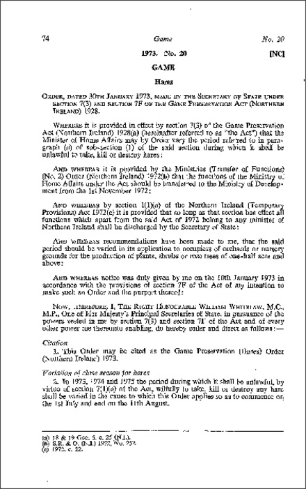 The Game Preservation (Hares) Order (Northern Ireland) 1973