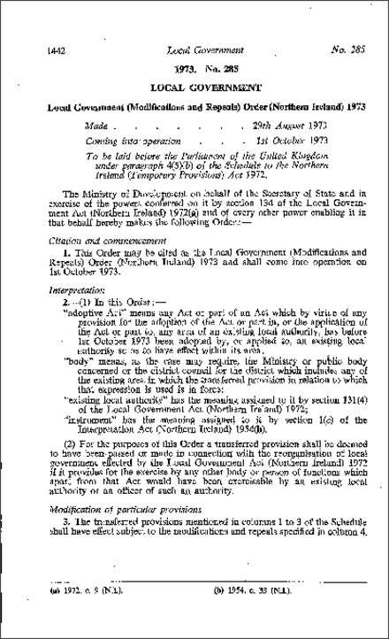 The Local Government (Modifications and Repeals) Order (Northern Ireland) 1973