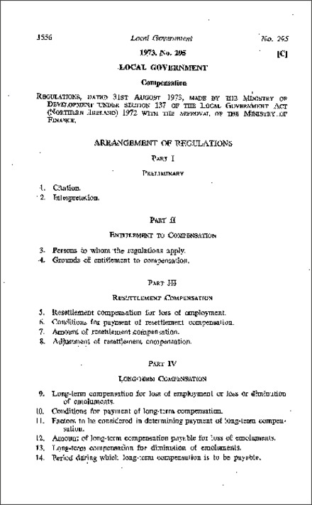 The Local Government (Compensation) Regulations (Northern Ireland) 1973