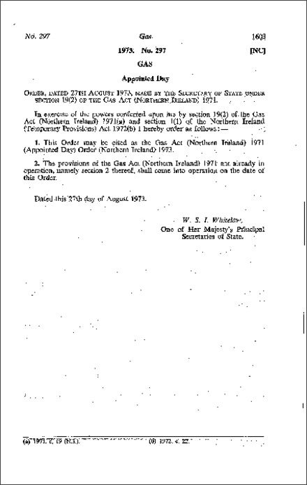 The Gas Act 1971 (Appointed Day) Order (Northern Ireland) 1973