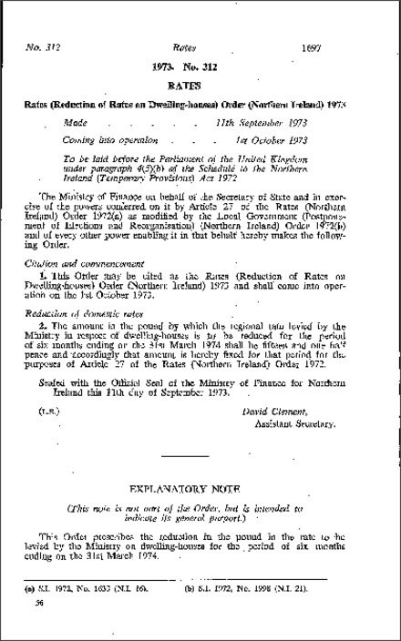 The Rates (Reduction of Rates on Dwelling-houses) Order (NI) 1973