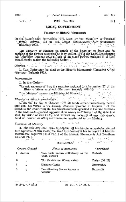 The Historic Monuments (Transfer) Order (Northern Ireland) 1973