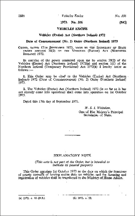 The Vehicles (Excise) Act 1972 (Date of Commencement) (No. 2) Order (Northern Ireland) 1973