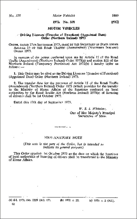 The Driving Licences (Transfer of Functions) (Appointed Date) Order (Northern Ireland) 1973
