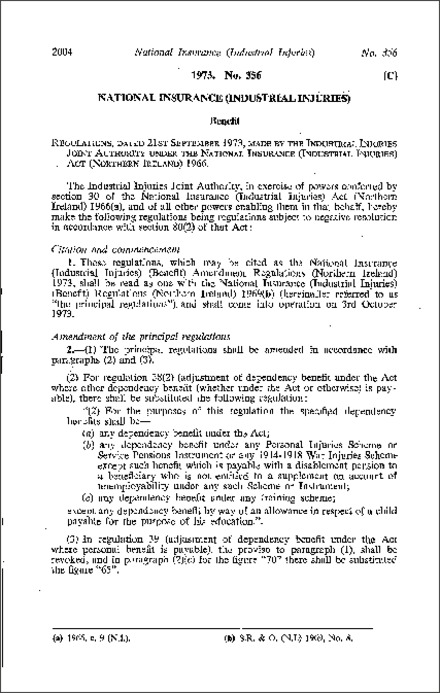 The National Insurance (Industrial Injuries) (Benefit) Amendment Regulations (Northern Ireland) 1973