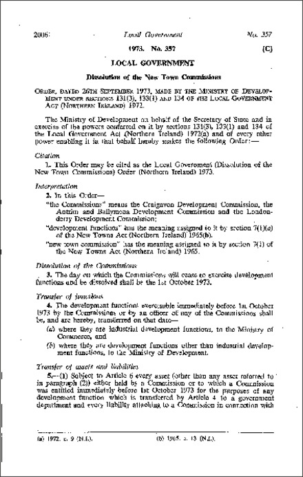 The Local Government (Dissolution of the New Town Commissions) Order (Northern Ireland) 1973