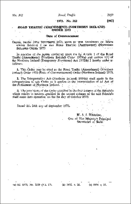 The Road Traffic (Amendment) Order 1973 (Date of Commencement) Order (Northern Ireland) 1973