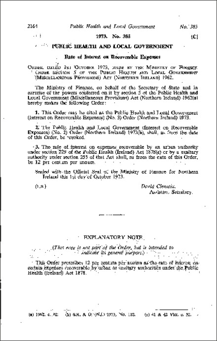 The Public Health and Local Government (Interest on Recoverable Expenses) (No. 3) Order (Northern Ireland) 1973