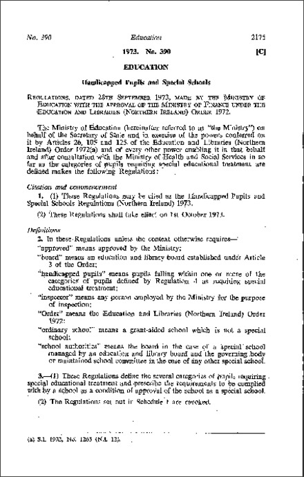 The Handicapped Pupils and Special Schools Regulations (Northern Ireland) 1973