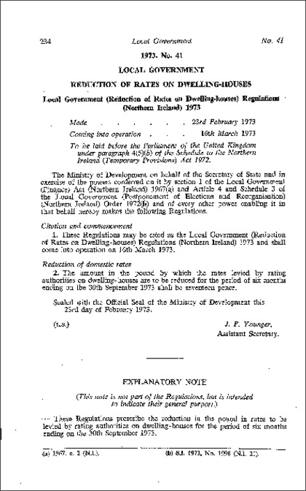 The Local Government (Reduction of Rates on Dwelling-houses) Regulations (Northern Ireland) 1973