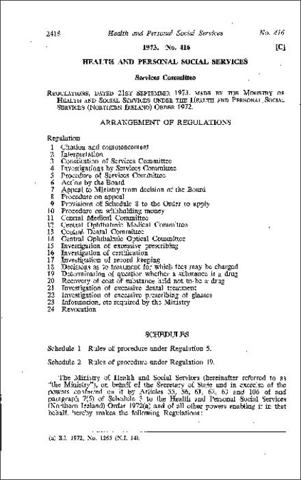 The Health and Personal Social Services (Services Committee) Regulations (Northern Ireland) 1973