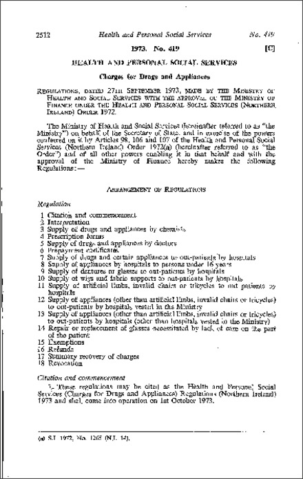 The Health and Personal Social Services (Charges for Drugs and Appliances) Regulations (Northern Ireland) 1973