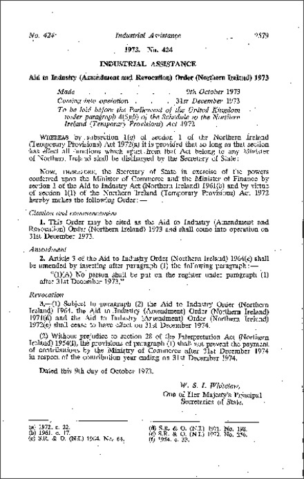 The Aid to Industry (Amendment and Revocation) Order (Northern Ireland) 1973