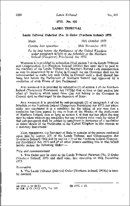 The Lands Tribunal (Salaries) (No. 2) Order (Northern Ireland) 1973