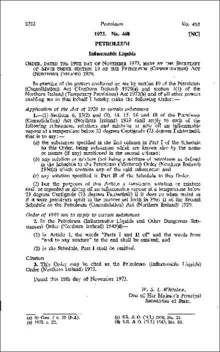 The Petroleum (Inflammable Liquids) Order (Northern Ireland) 1973