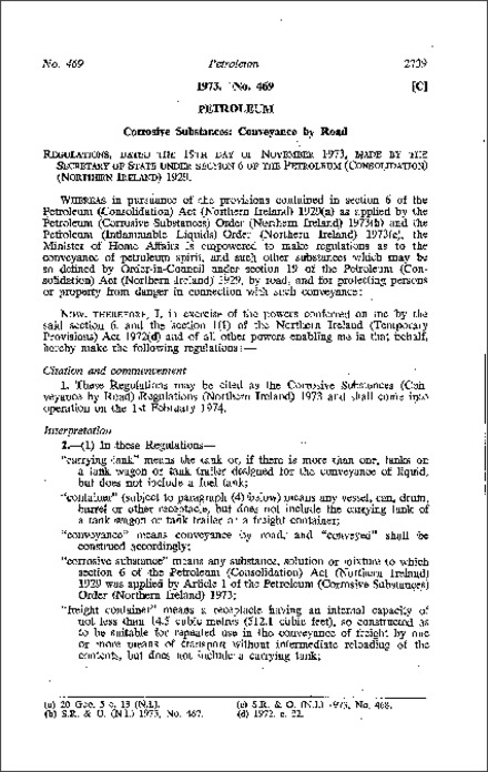 The Corrosive Substances (Conveyance by Road) Regulations (Northern Ireland) 1973