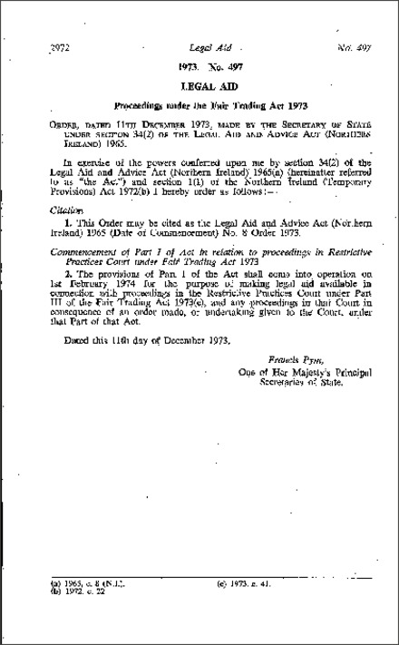The Legal Aid and Advice Act 1965 (Date of Commencement) No. 8 Order (Northern Ireland) 1973