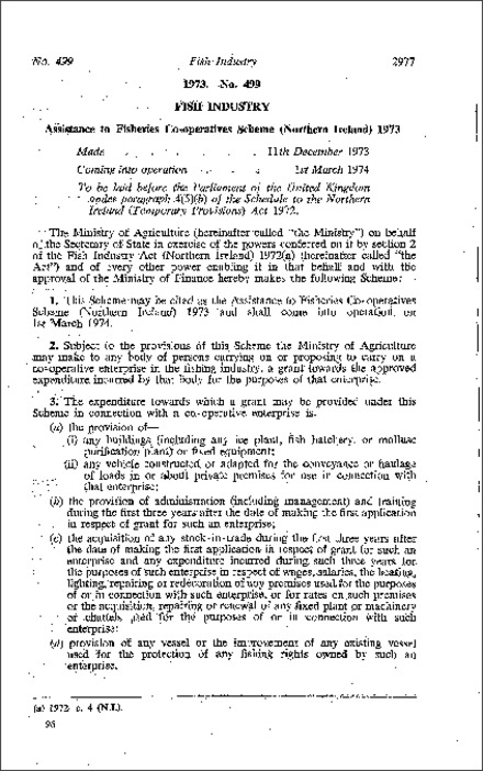 The Assistance to Fisheries Co-operatives Scheme (Northern Ireland) 1973