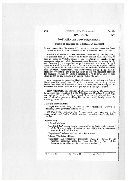The Departments (Transfer of Functions) Order (Northern Ireland) 1973