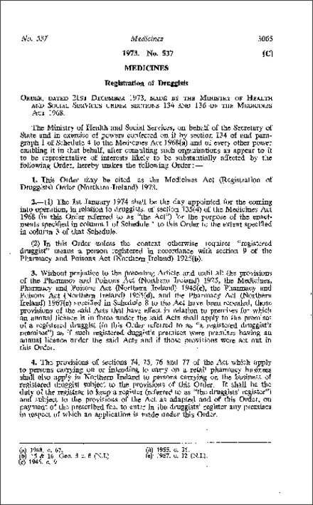 The Medicines Act (Registration of Druggists) Order (Northern Ireland) 1973
