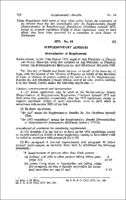 The Supplementary Benefit (Determination of Requirements) Regulations (Northern Ireland) 1973