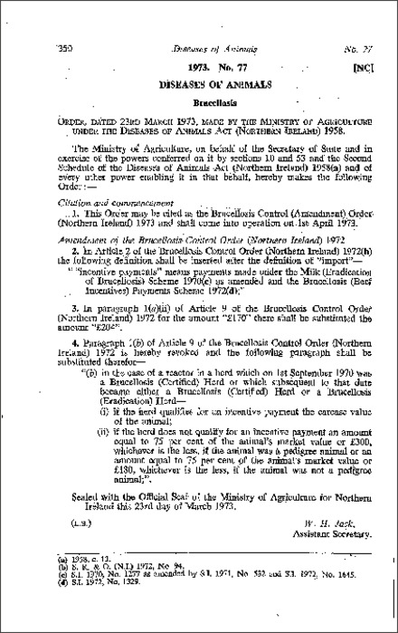 The Brucellosis Control (Amendment) Order (Northern Ireland) 1973