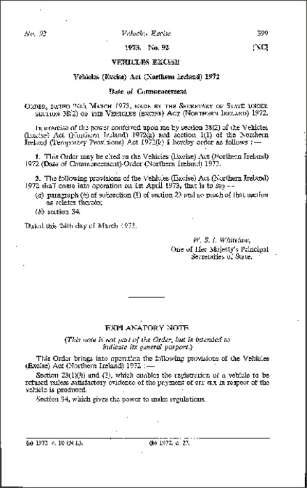 The Vehicles (Excise) Act (Northern Ireland) 1972 (Date of Commencement) Order (Northern Ireland) 1973