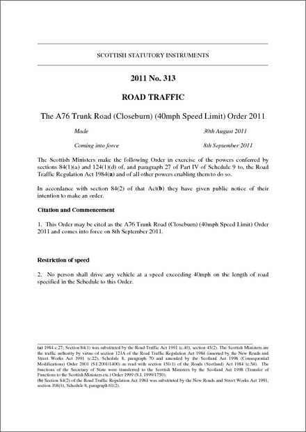 The A76 Trunk Road (Closeburn) (40mph Speed Limit) Order 2011