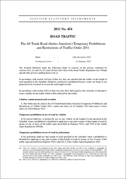 The A9 Trunk Road (Inshes Junction) (Temporary Prohibitions and Restrictions of Traffic) Order 2011