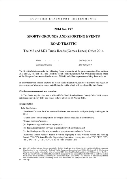 The M8 and M74 Trunk Roads (Games Lanes) Order 2014
