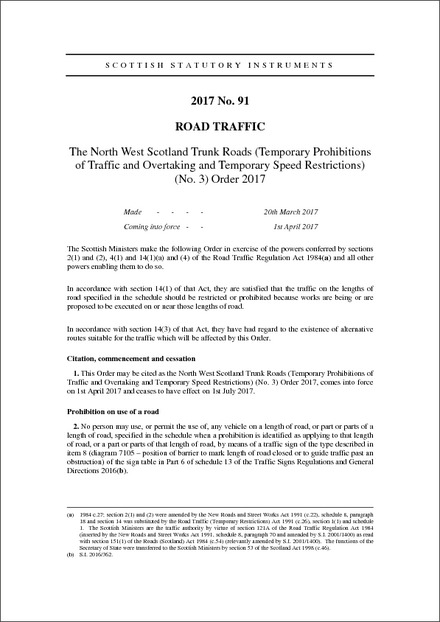 The North West Scotland Trunk Roads (Temporary Prohibitions of Traffic and Overtaking and Temporary Speed Restrictions) (No. 3) Order 2017