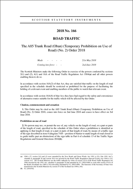 The A85 Trunk Road (Oban) (Temporary Prohibition on Use of Road) (No. 2) Order 2018