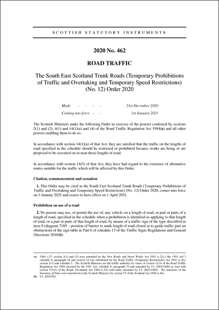 The South East Scotland Trunk Roads (Temporary Prohibitions of Traffic and Overtaking and Temporary Speed Restrictions) (No. 12) Order 2020