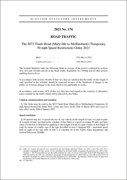 The M73 Trunk Road (Maryville to Mollinsburn) (Temporary 50 mph Speed Restriction) Order 2021