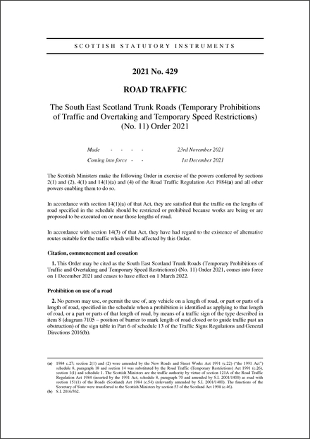 The South East Scotland Trunk Roads (Temporary Prohibitions of Traffic and Overtaking and Temporary Speed Restrictions) (No. 11) Order 2021