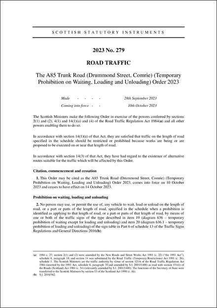 The A85 Trunk Road (Drummond Street, Comrie) (Temporary Prohibition on Waiting, Loading and Unloading) Order 2023