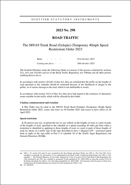 The M9/A9 Trunk Road (Golspie) (Temporary 40mph Speed Restriction) Order 2023