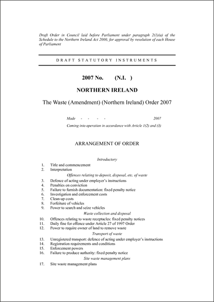 The Waste (Amendment) (Northern Ireland) Order 2007