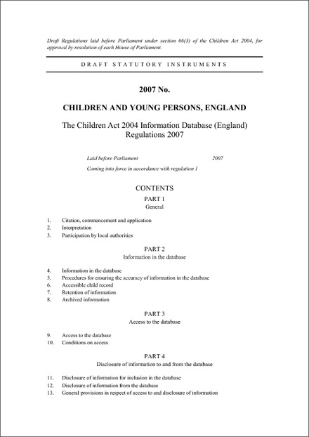 The Children Act 2004 Information Database (England) Regulations 2007