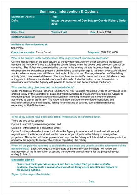 Impact Assessment to The Dee Estuary Cockle Fishery Order 2008