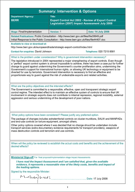 Impact Assessment to The Export Control Order 2008