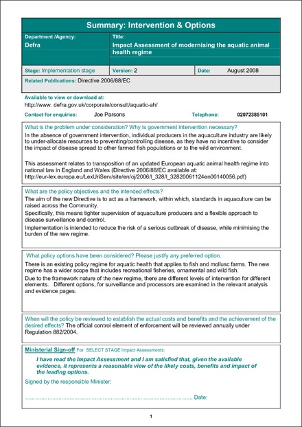 Impact Assessment to The Aquatic Animal Health (England and Wales) Regulations 2009