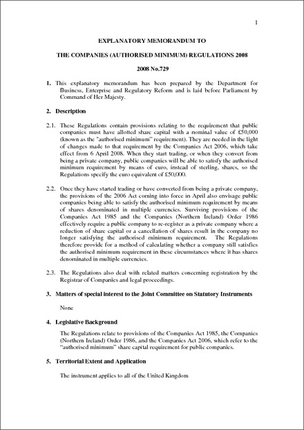 Impact Assessment to The Companies (Authorised Minimum) Regulations 2008